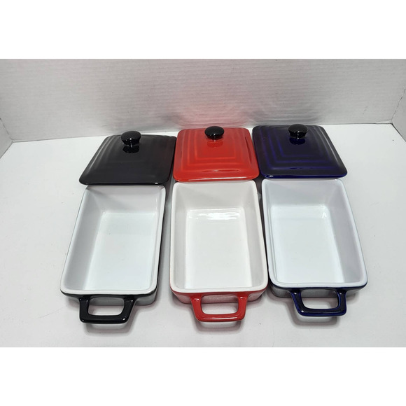 Mini Casserole Meatloaf Bread Loaf Bakeware w. Lid Red Black Navy Blue Set of 3 - Picture 7 of 9
